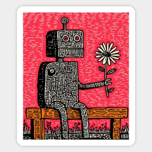 Robot with Wilting Flower – Nature vs. Machine Linocut Magnet